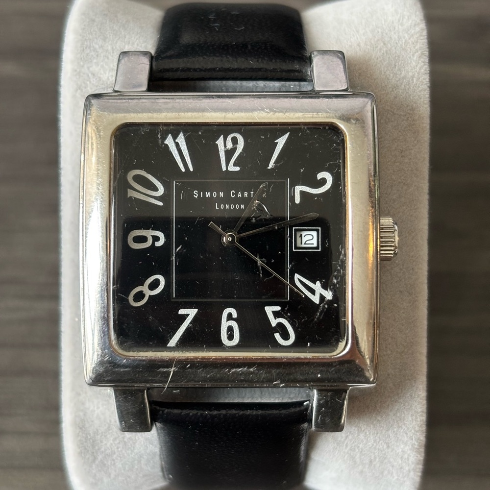 Simon Carter Square Face Watch on Black Leather Strap Watch